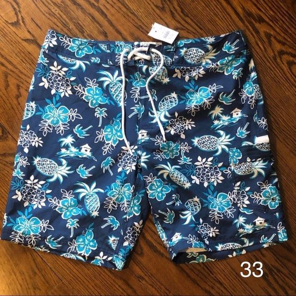 J.Crew Mens Lined Swim Trunks Hawaiian Navy Turquoise Sz 33 NWT - Picture 1 of 6